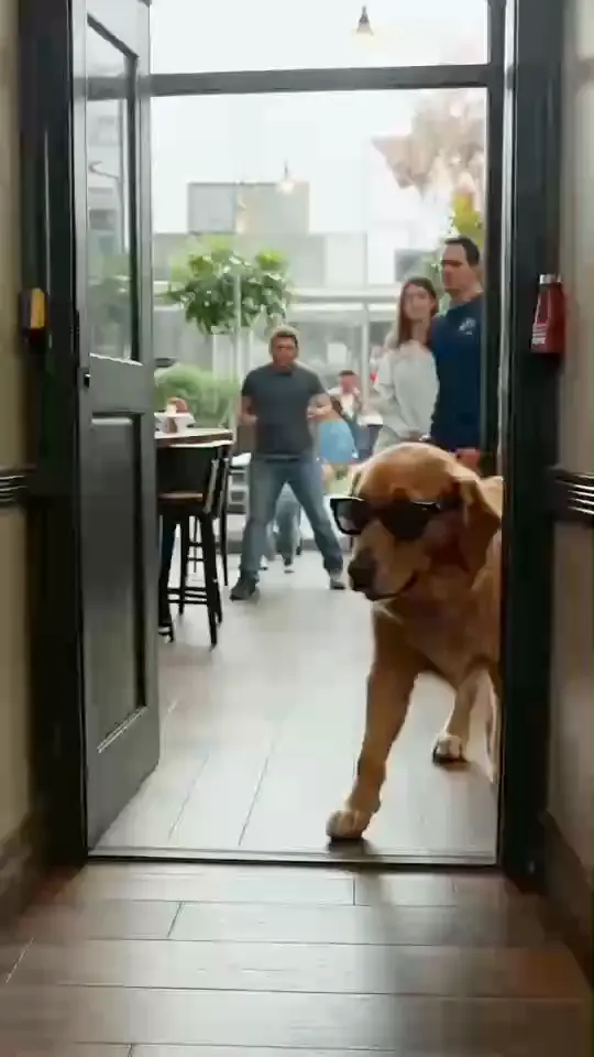 戴太阳镜的金毛犬像明星一样走进咖啡店
