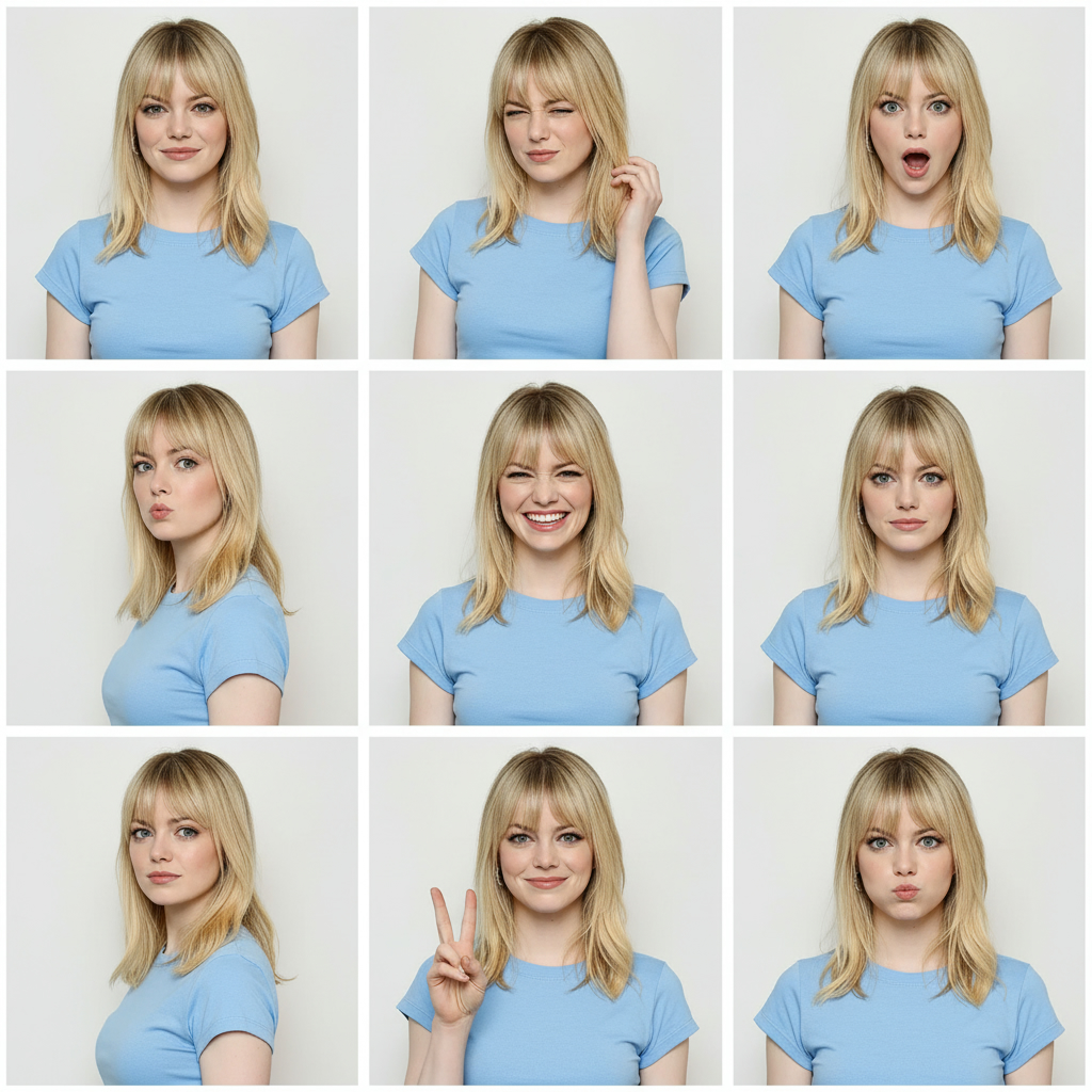 Nine-grid studio portrait contact sheet with playful expressions