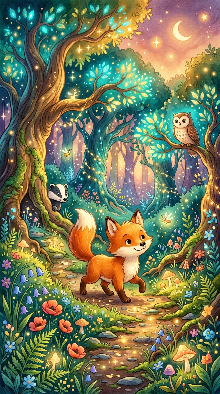 A cute little fox exploring an enchanted forest